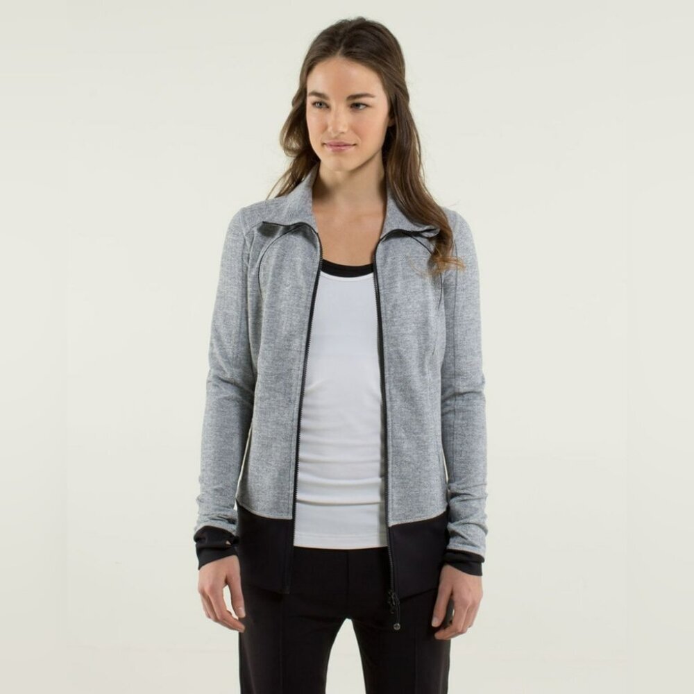 Lululemon Nice Asana Women's Long Jacket Herringbone Grey Thumbholes Soft 10
